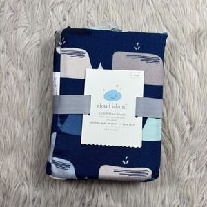 NEW Cloud Island Fitted Crib Sheet 100% Cotton Navy Blue Gray‎ Whale Print